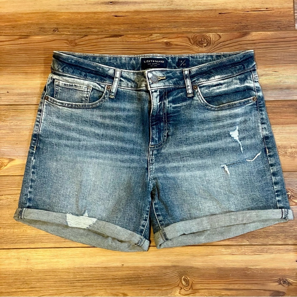 Women’s Lucky Brand Sz 12 “The Rollup” Shorts Distressed Denim NWOT